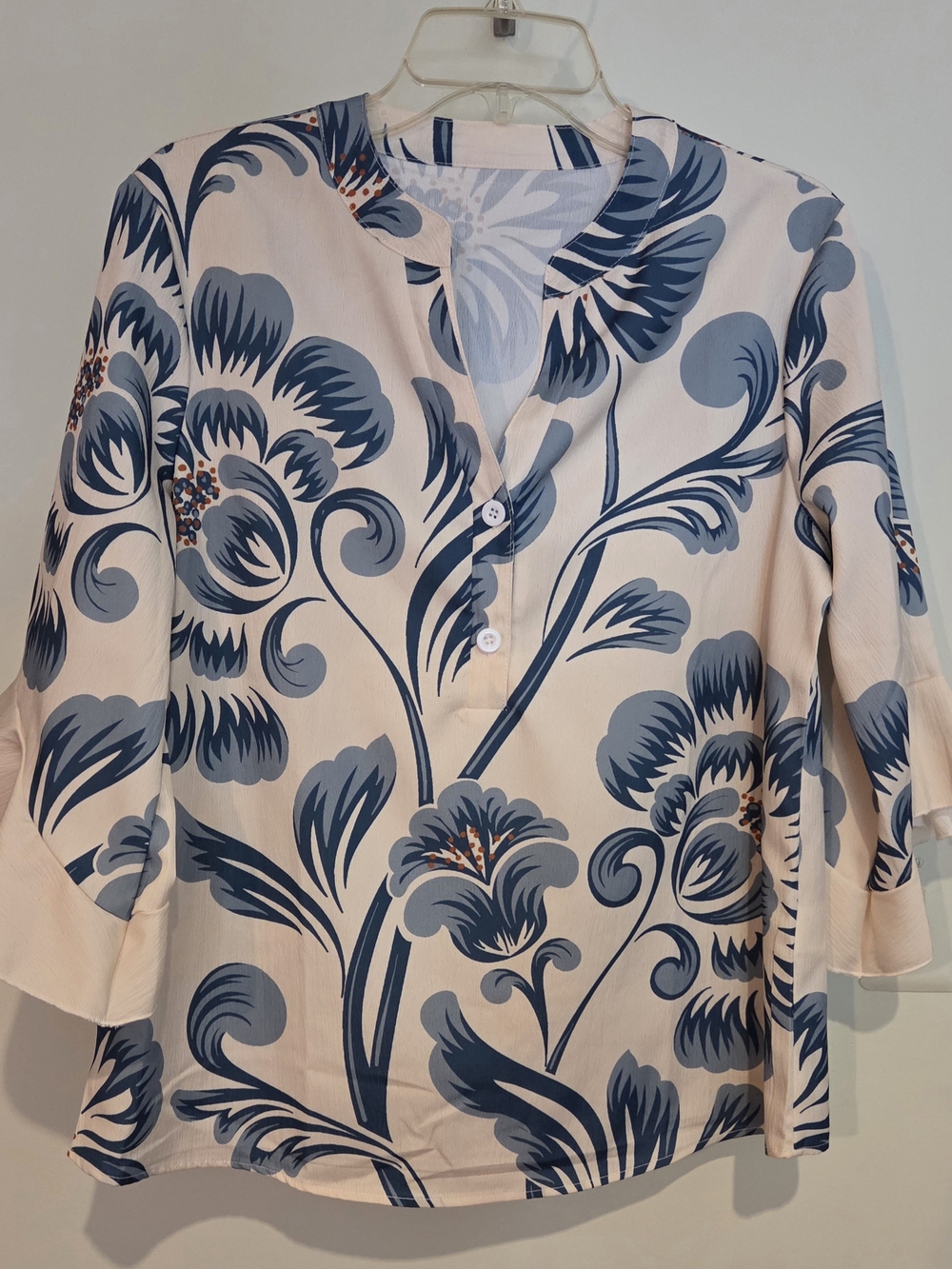 Women’s Floral Print V-Neck Blouse - Blue on Cream